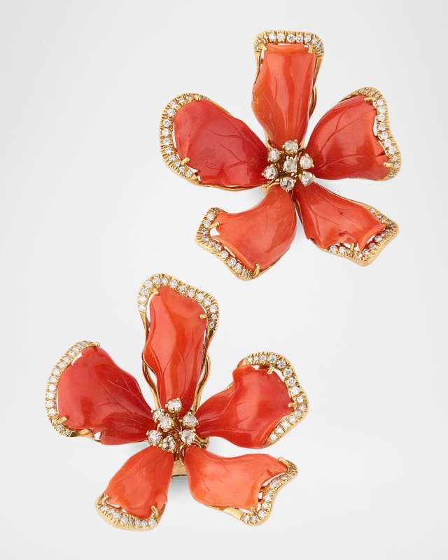 G-One 18K Yellow Gold Flower Coral Earrings with Diamonds